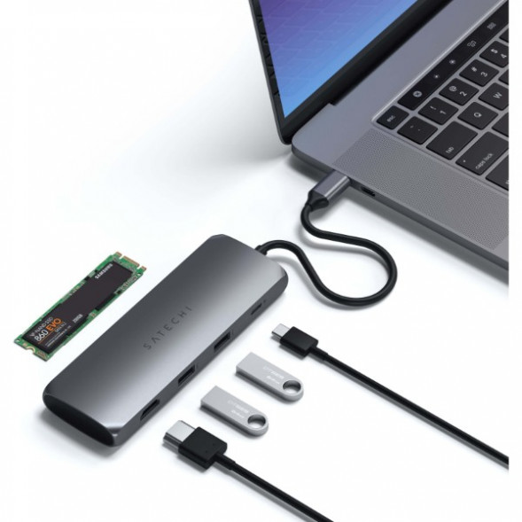 Док-станция Satechi USB-C Hybrid Multiport Adapter (with SSD Enclosure M.2 SATA, 2xUSB 3.1, USB Type-C, HDMI), Серый ST-UCHSEM в Севастополе